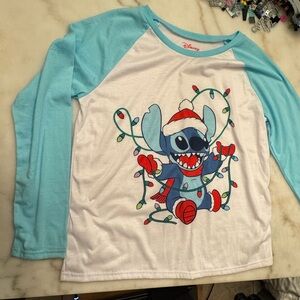 Disney Kids Light Blue and White Stitch Holiday Long Sleeve Tee